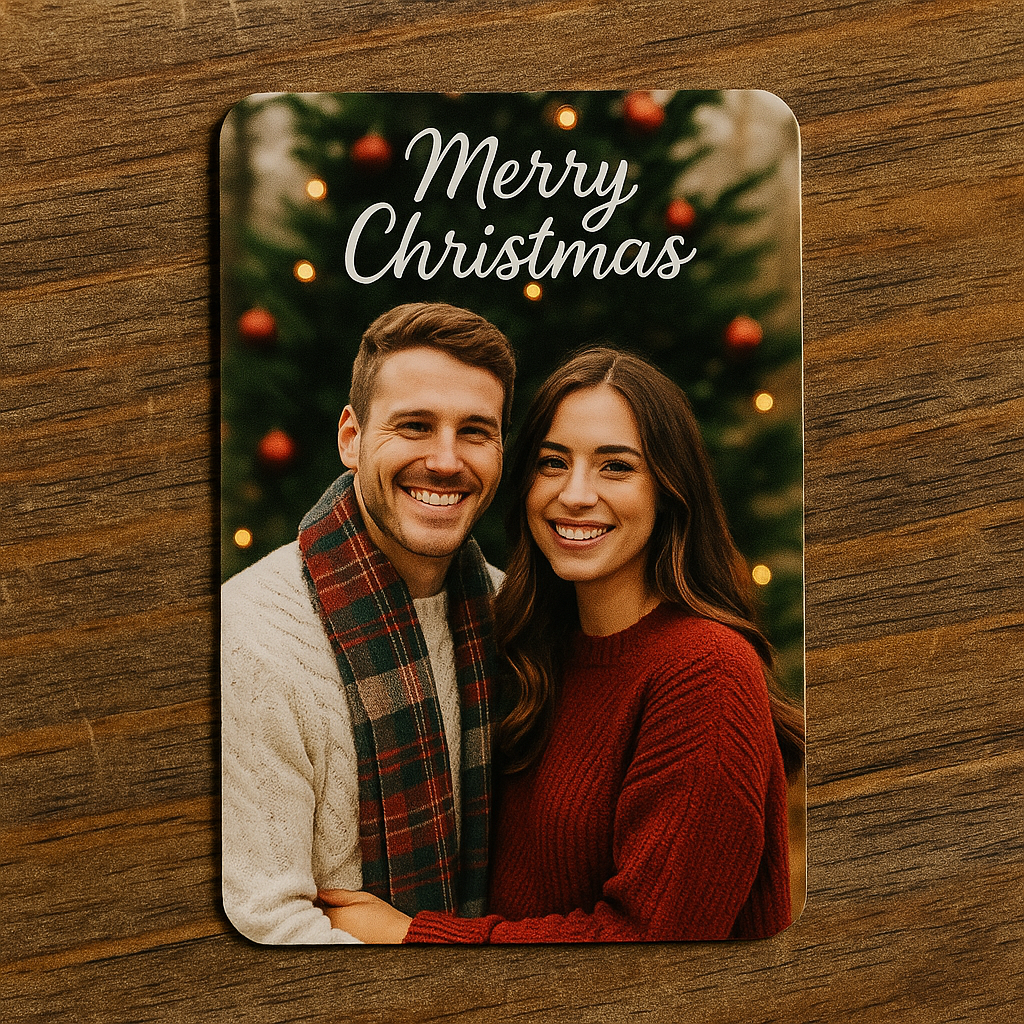 Personalized Christmas card with a couple's photo on a wooden surface