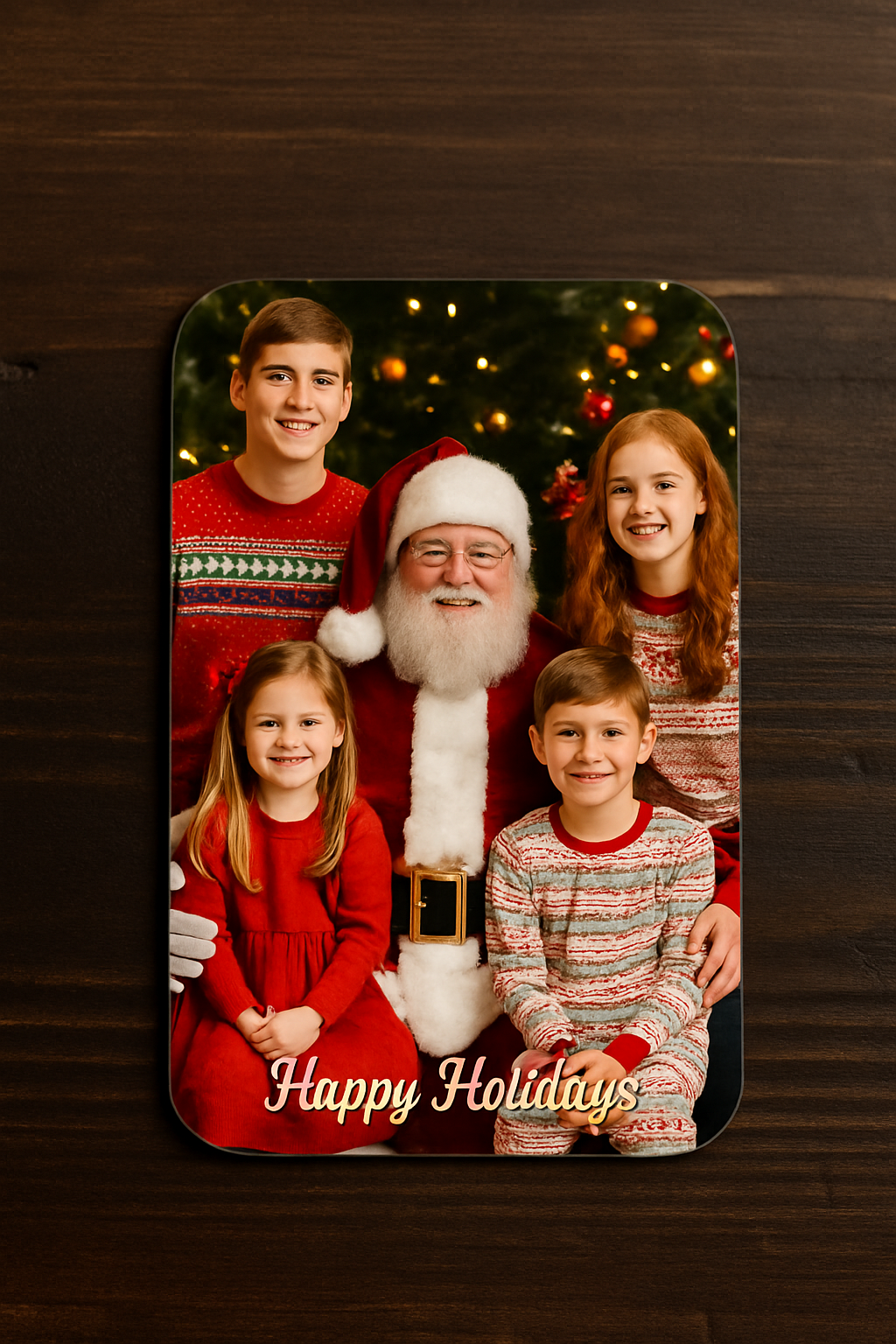 Personalized holiday card with Santa Claus and children on a wooden surface