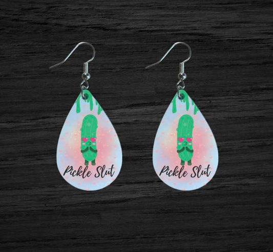 Teardrop shaped; funny pickle earrings; Pickle Slut.