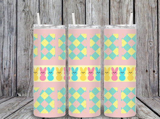 Pink argyle patterned 20oz skinny tumbler featuring pastel peep bunny wraparound design.
