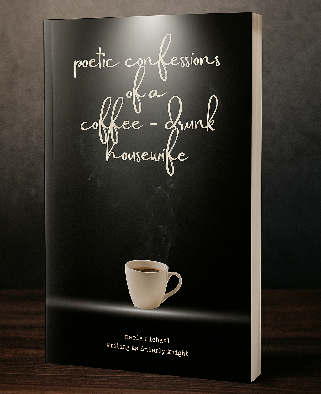 Book titled 'Poetic Confessions of a Coffee-Drunk Housewife' with a coffee cup illustration on a dark background. Book cover of Poetic Confessions of a Coffee-Drunk Disillusioned Housewife, a raw poetry collection by Maria Michael about love, motherhood, betrayal, and healing.