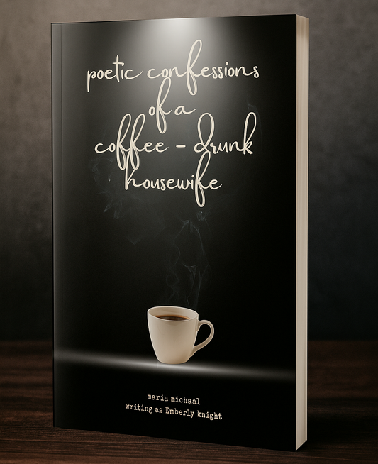 Book titled 'Poetic Confessions of a Coffee-Drunk Housewife' with a coffee cup illustration on a dark background. Book cover of Poetic Confessions of a Coffee-Drunk Disillusioned Housewife, a raw poetry collection by Maria Michael about love, motherhood, betrayal, and healing.