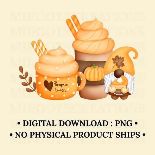 Pumpkin spice coffee drinks with a gnome holding pumpkin pie – PNG digital download for fall crafts, tumblers, and shirts.