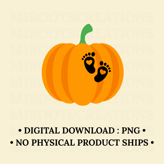 Orange pumpkin with tiny black baby feet cutout – PNG digital download for pregnancy announcements, fall shirts, and crafts.