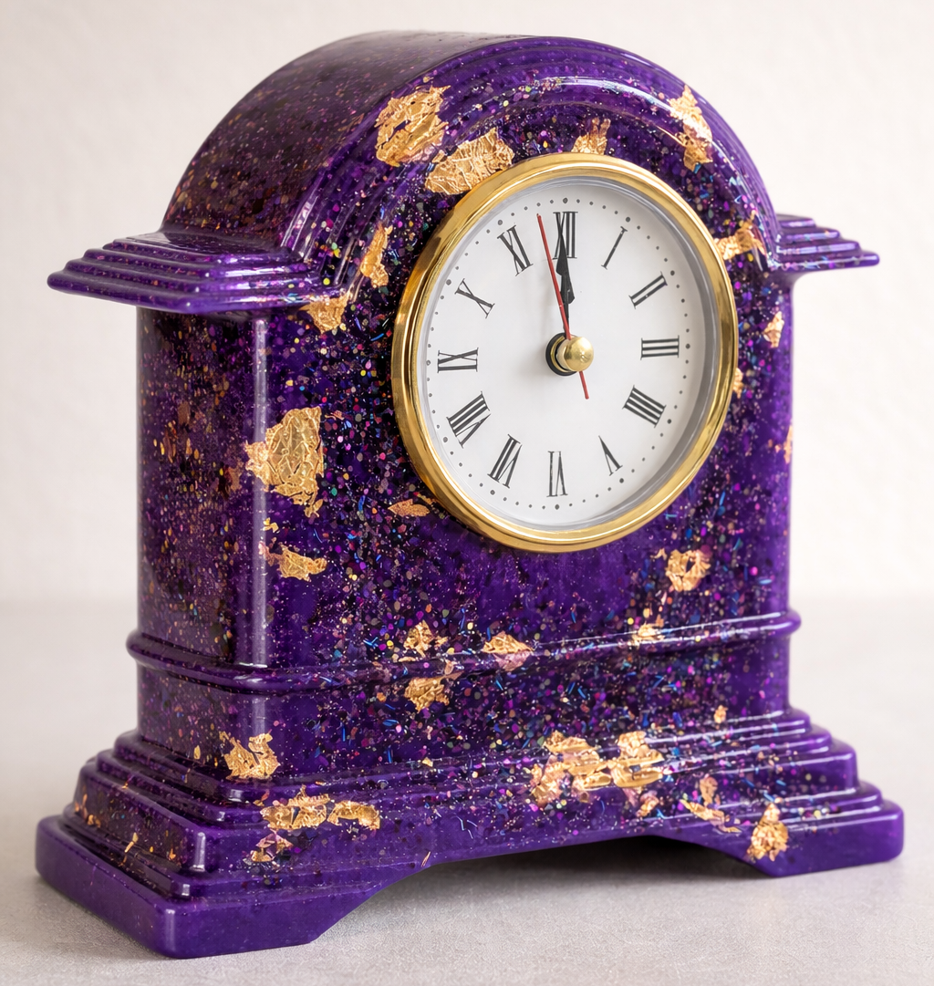 Purple clock with gold accents on a light gray background