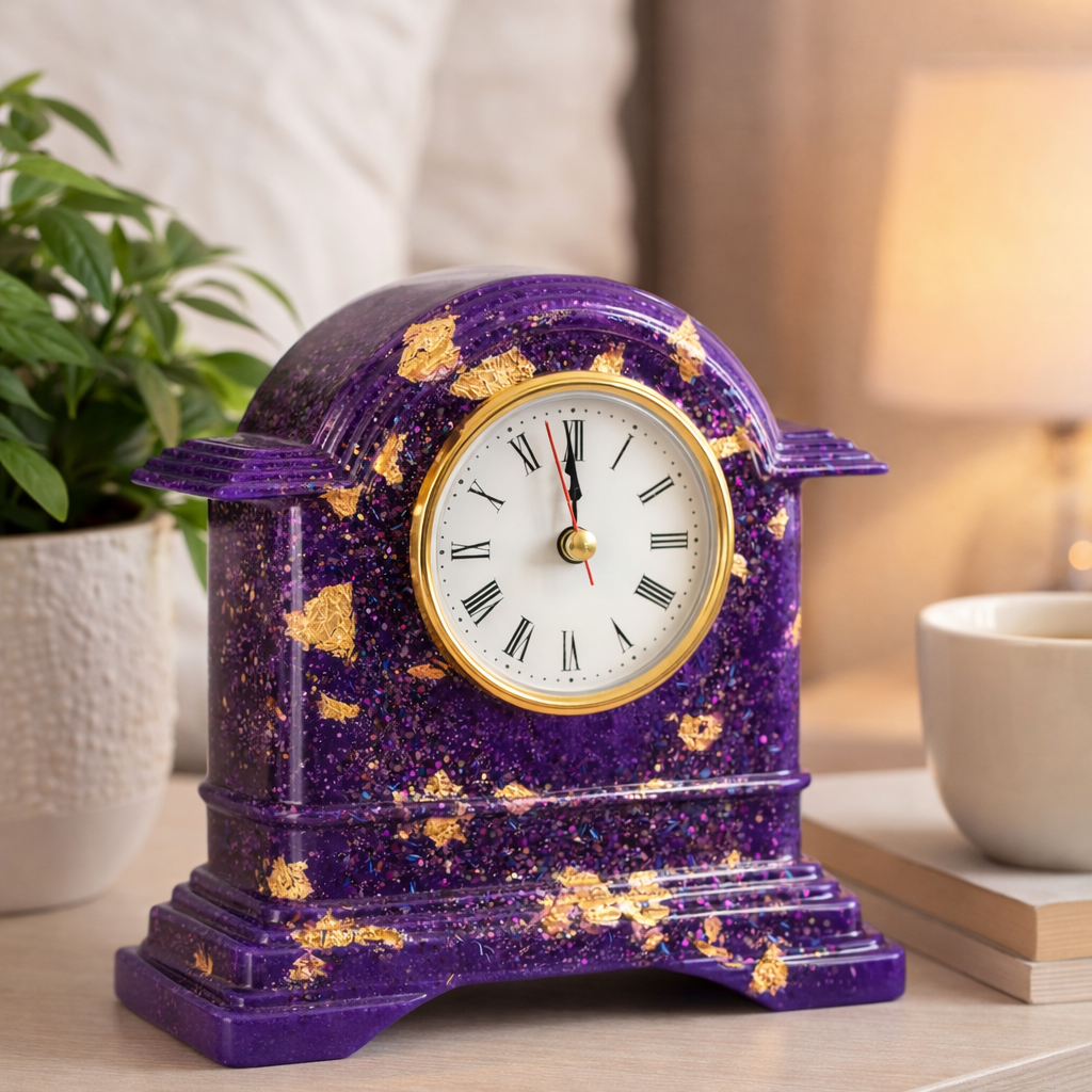 Purple decorative clock on a wooden surface with a blurred background