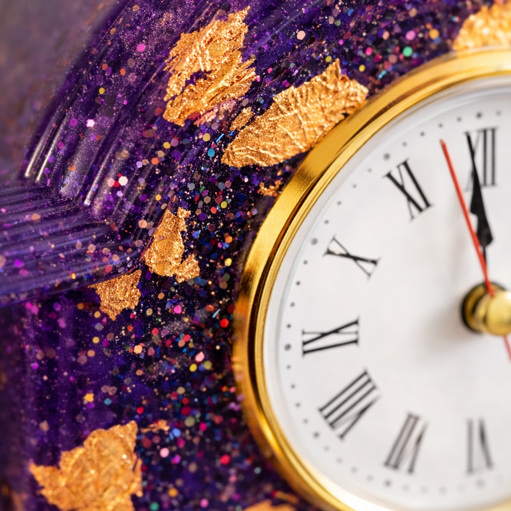 Decorative clock with gold leaves on a purple background