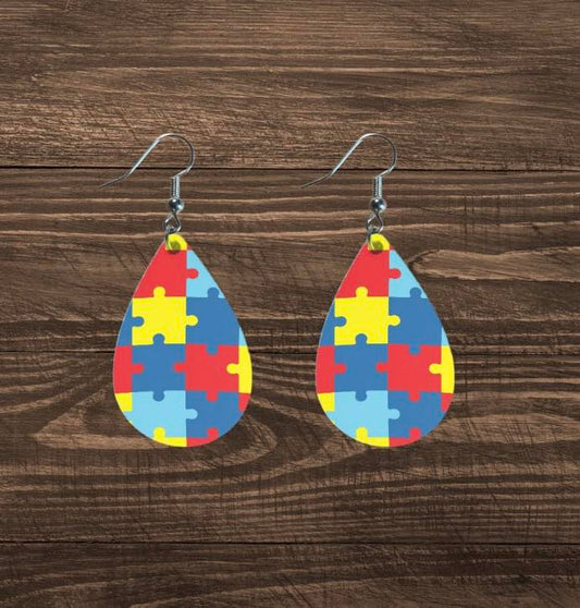 Teardrop shaped; Autism Awareness Puzzle Piece Earrings