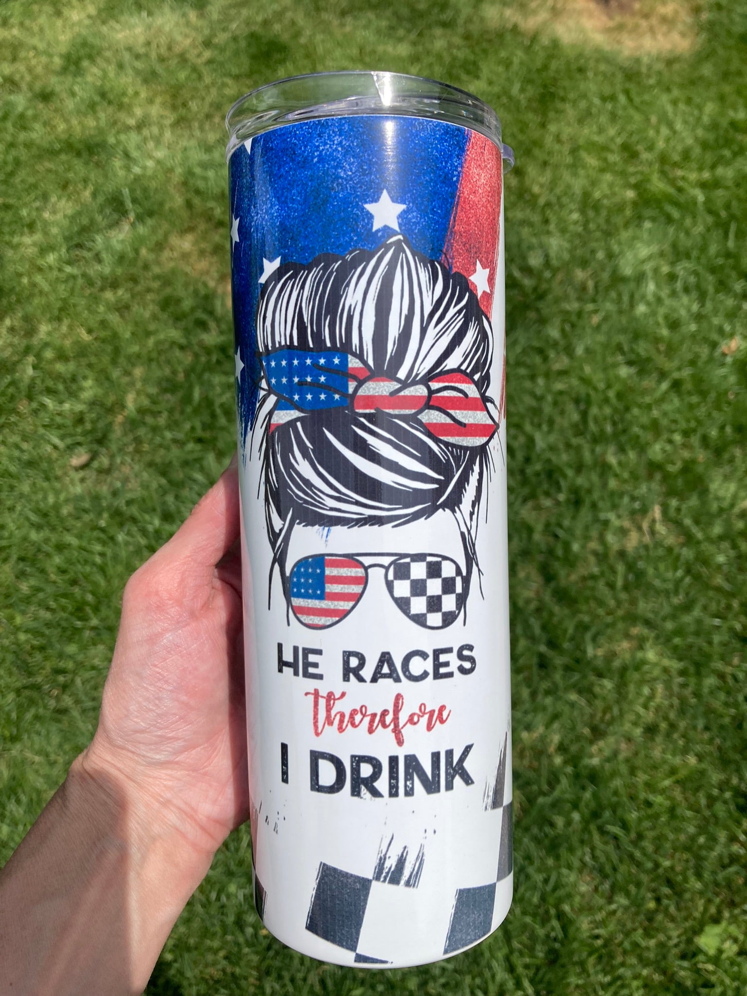 20oz skinny tumbler with racing mom quote and American flag themed messy bun design