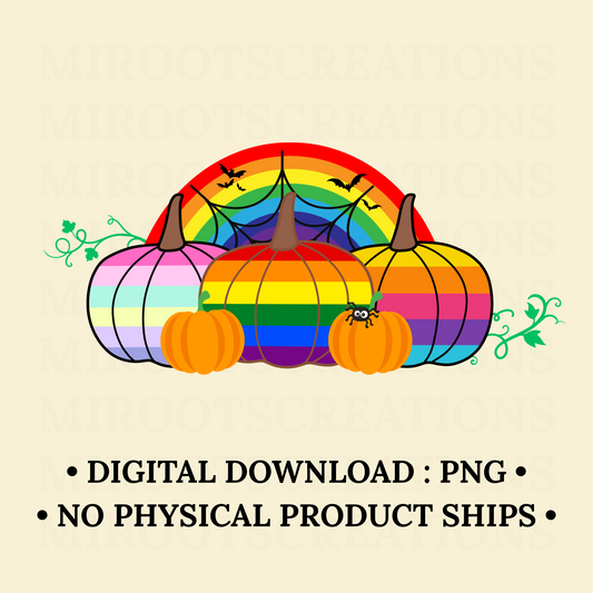 Rainbow-colored pumpkins with spider web, bats, and vines – PNG digital download for Halloween crafts, sublimation, and shirts.