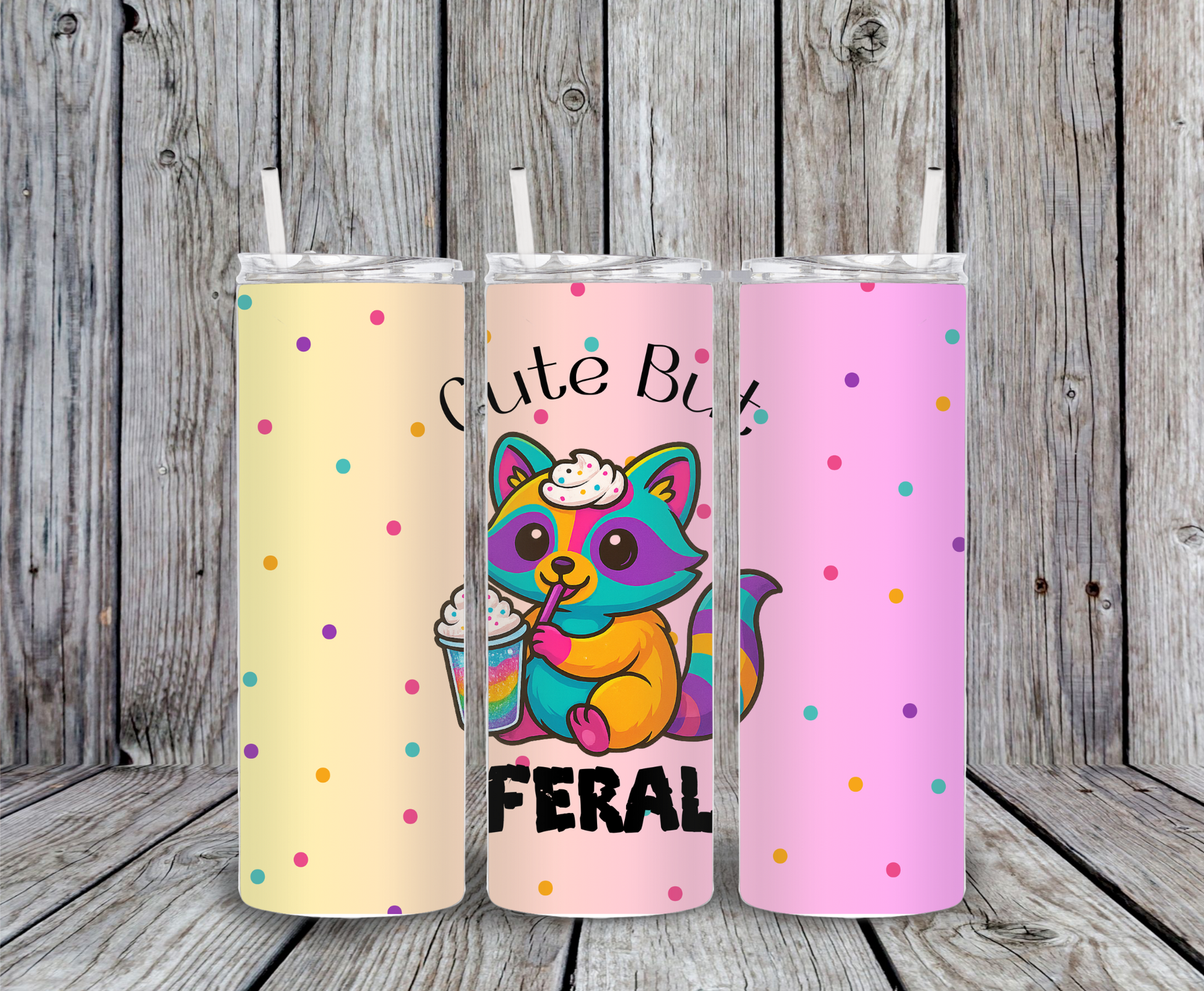 Rainbow Raccoon Cute but Feral Tumbler – 20oz skinny cup with colorful design, whipped cream drink, pastel polka dot background