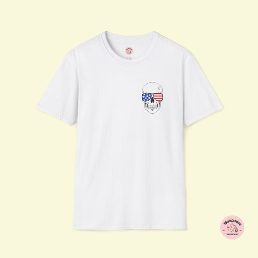 Front side: Patriotic Red White and Blue Skeleton head. 4th of July shirt