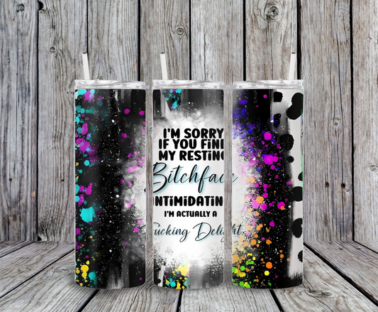 Resting Bitchface skinny tumbler – 20oz stainless steel cup with sarcastic quote, colorful paint splatter design in pink, teal, purple, yellow, and orange – funny gift for friends, coworkers, or mom
