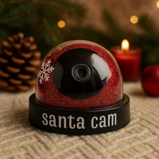 Santa Cam security camera in a red glittery dome with Christmas decorations in the background.