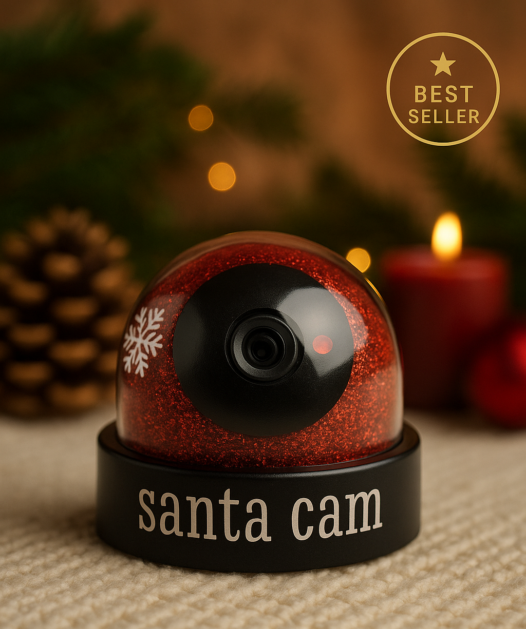 Santa Cam with red glittery snow globe-like design on a textured surface with blurred Christmas decorations in the background.
