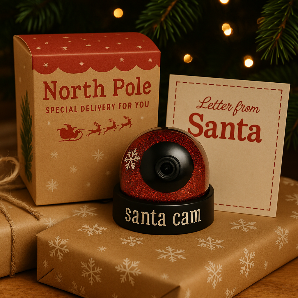 Santa Cam on a wrapped gift with 'North Pole Special Delivery' box and 'Letter from Santa' card.