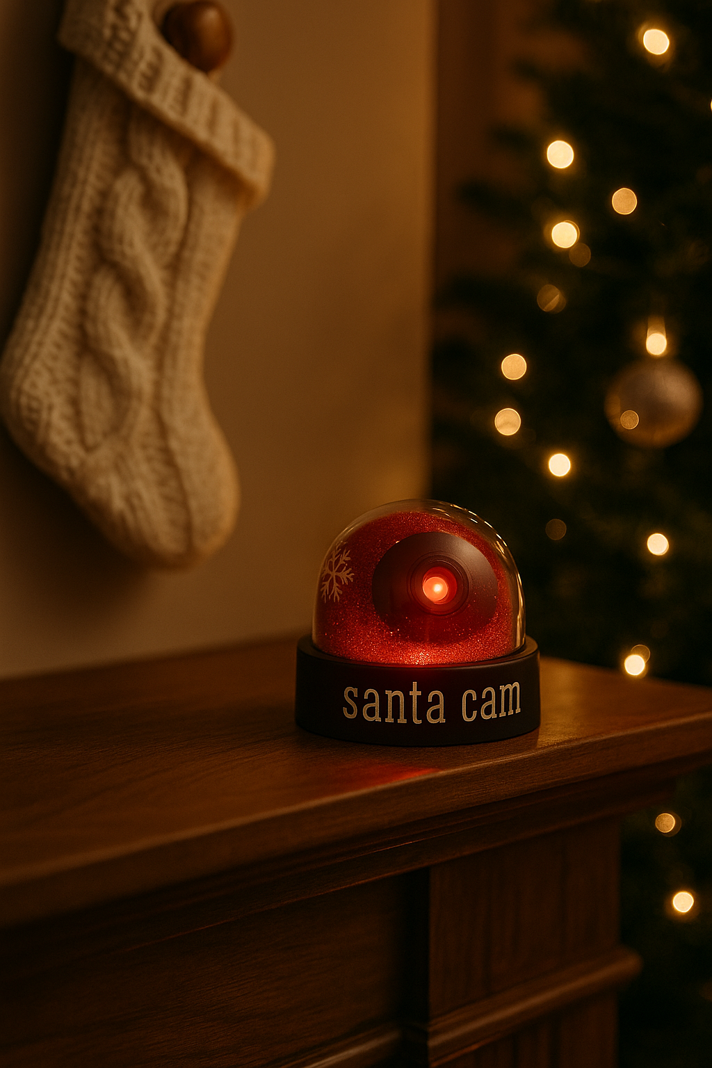 Santa cam light on a wooden surface with a Christmas tree in the background