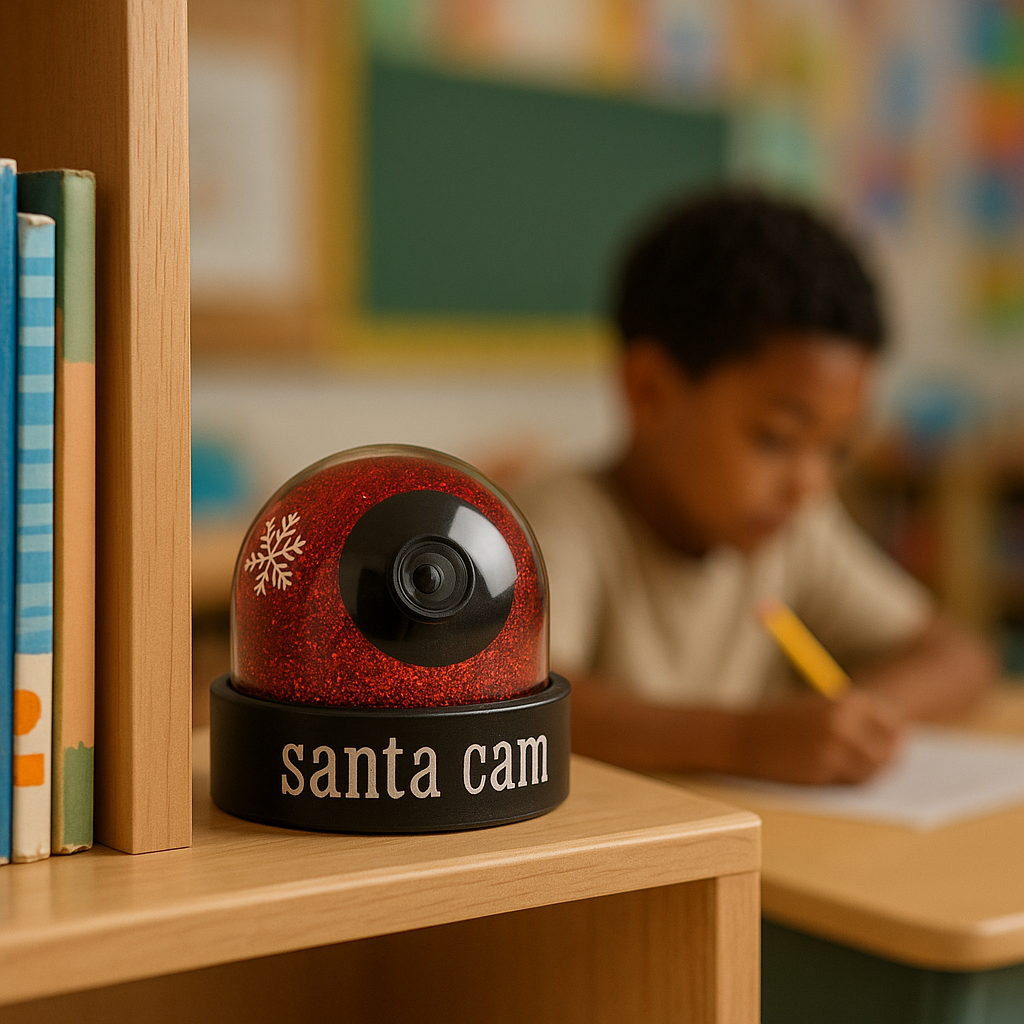 Santa Cam on a bookshelf with a child writing in the background