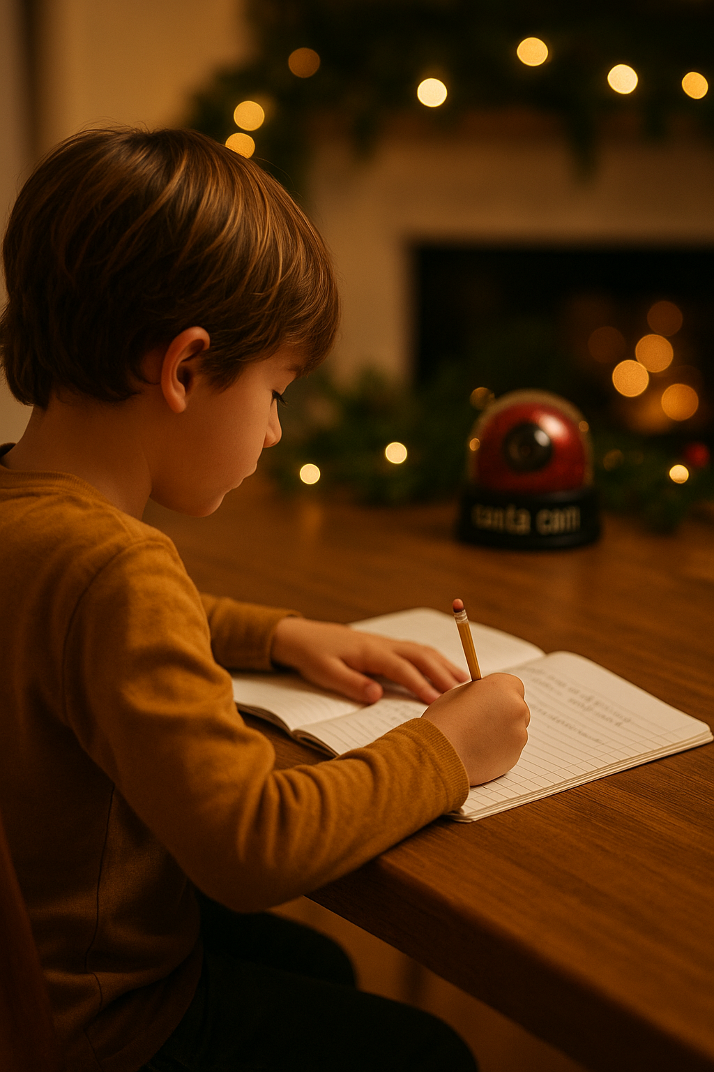Child writing at a table with a warm, cozy atmosphere