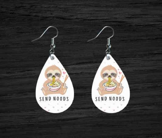 Teardrop shaped; Funny Sloth earrings; Send Noods with a sloth eating ramen noodles. 