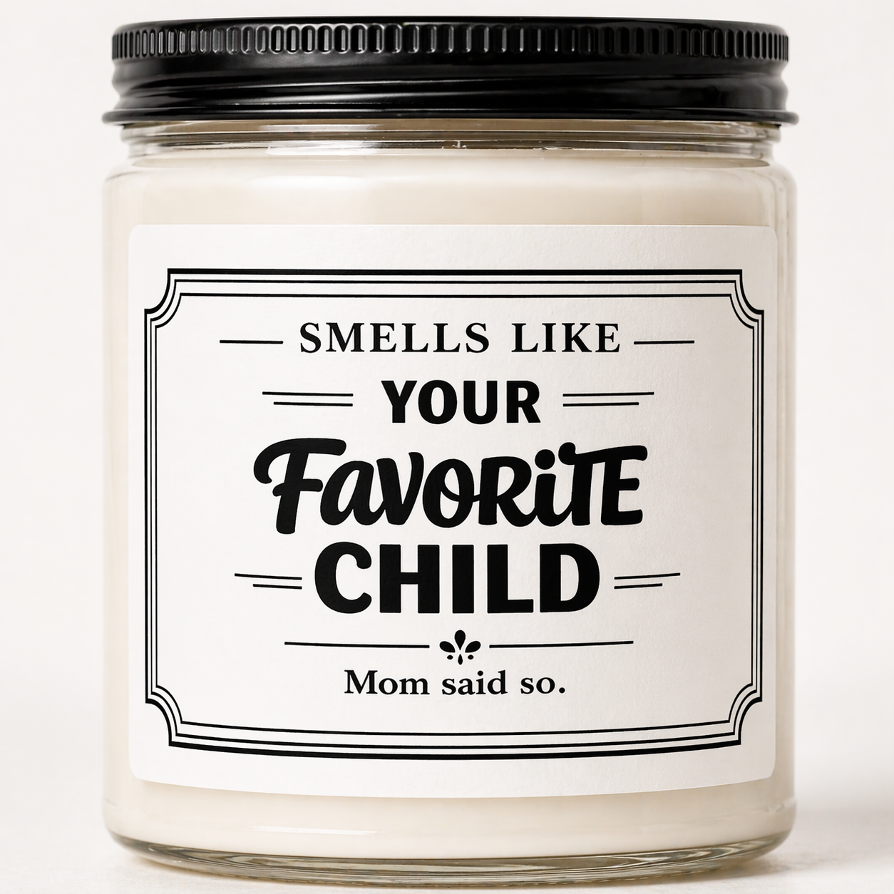Candle jar with a humorous label on a white background