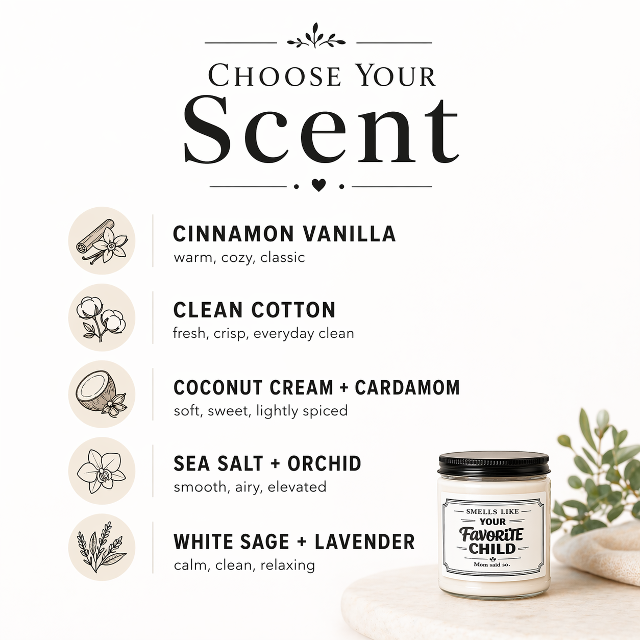 Product display with candle labeled 'Your Favorite Child' and scents listed on a white background