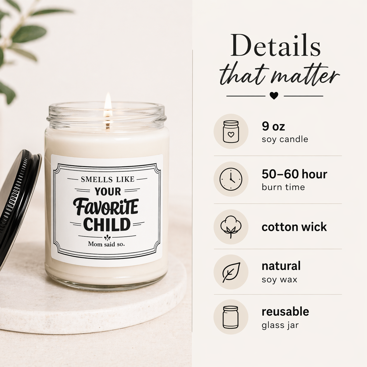 Candle jar with a label 'Smells like your favorite child' and product details on a white background.