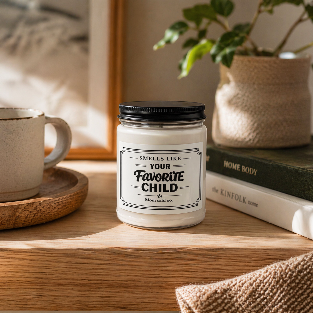Candle jar with a humorous label on a wooden surface with a mug and books in the background.