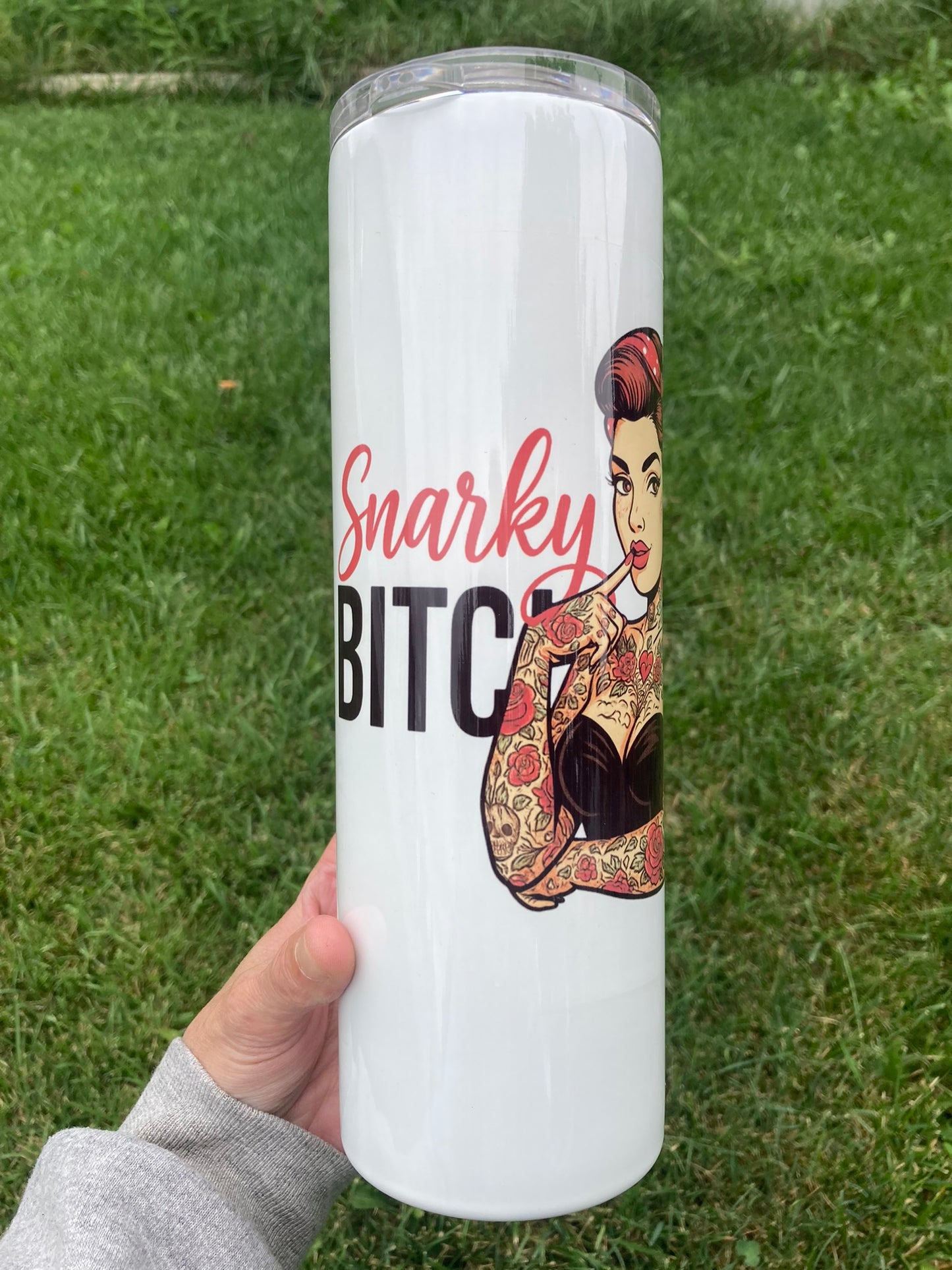 Show your snarky, feisty bitchy side with this simplistic unfiltered tumbler - featuring a pin-up style girl with tattoos and an aggressive vibe. 