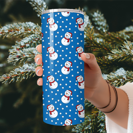 Snowman & Snowflakes Winter Tumbler | Blue Holiday Drink Cup