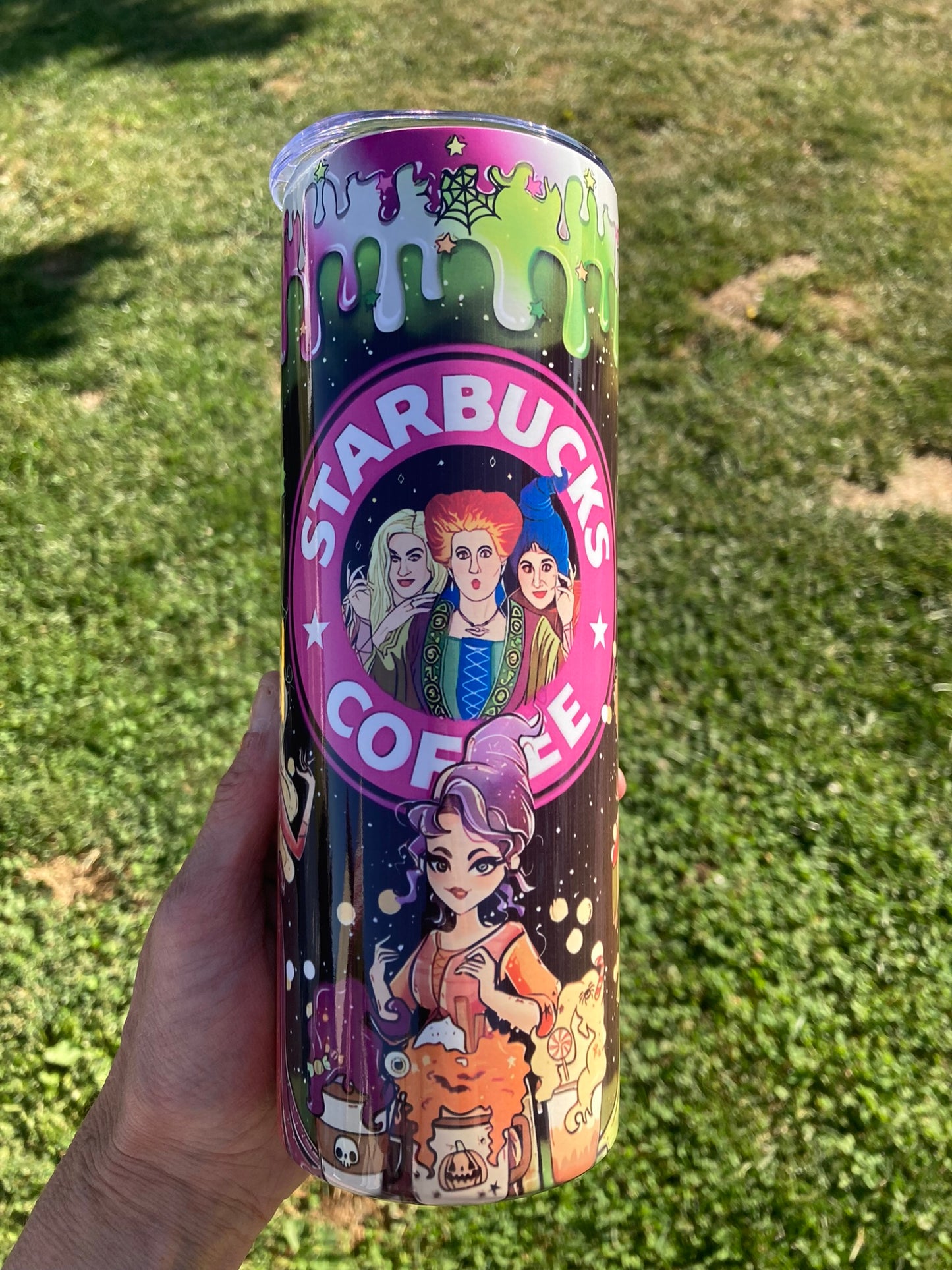 Witchy Starbucks inspired Halloween tumbler with Sanderson style witches and colorful drip design