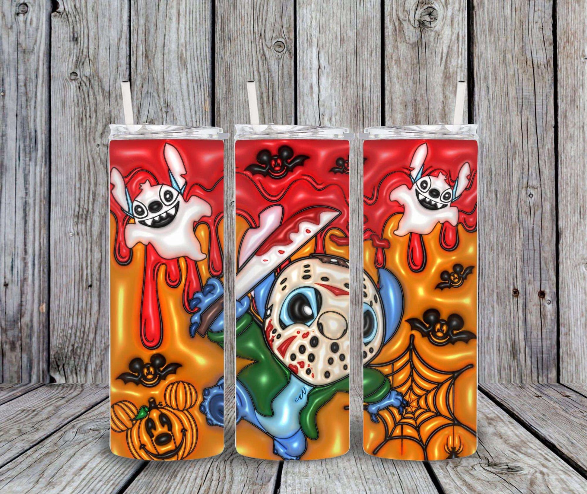 20 oz Halloween-themed tumbler designs featuring cartoon characters on a wooden background.