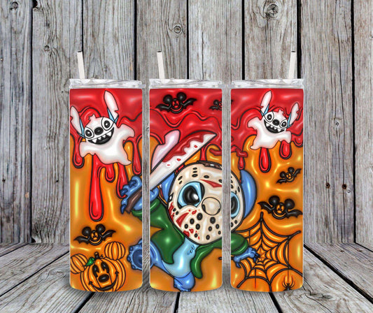20 oz Halloween-themed tumbler designs featuring cartoon characters on a wooden background.