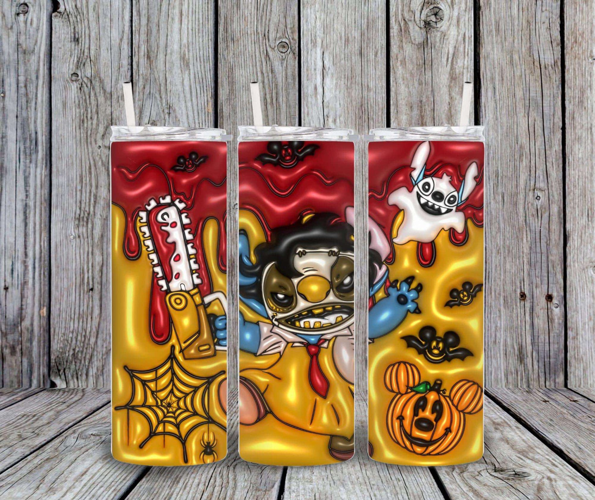20 oz Halloween tumbler design with Stitch as Leatherface cartoon characters on a wooden background