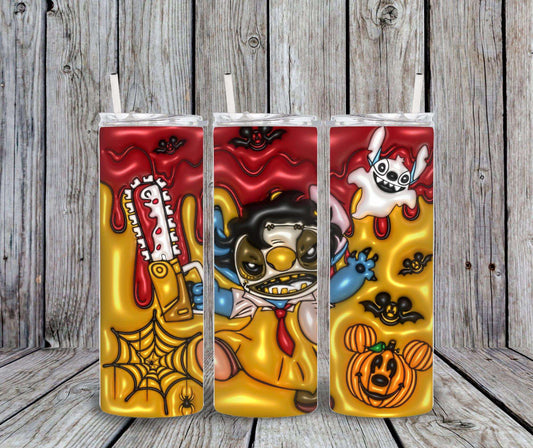 20 oz Halloween tumbler design with Stitch as Leatherface cartoon characters on a wooden background