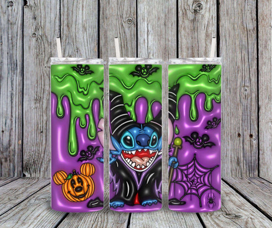 20 oz Halloween tumbler featuring a cartoon character, pumpkins, and spider webs on a wooden background.