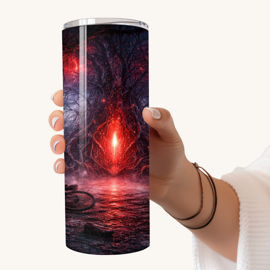 Hand holding a 20oz stainless steel tumbler featuring a Stranger Things–inspired Upside Down portal design with dark forest imagery and glowing red rift.