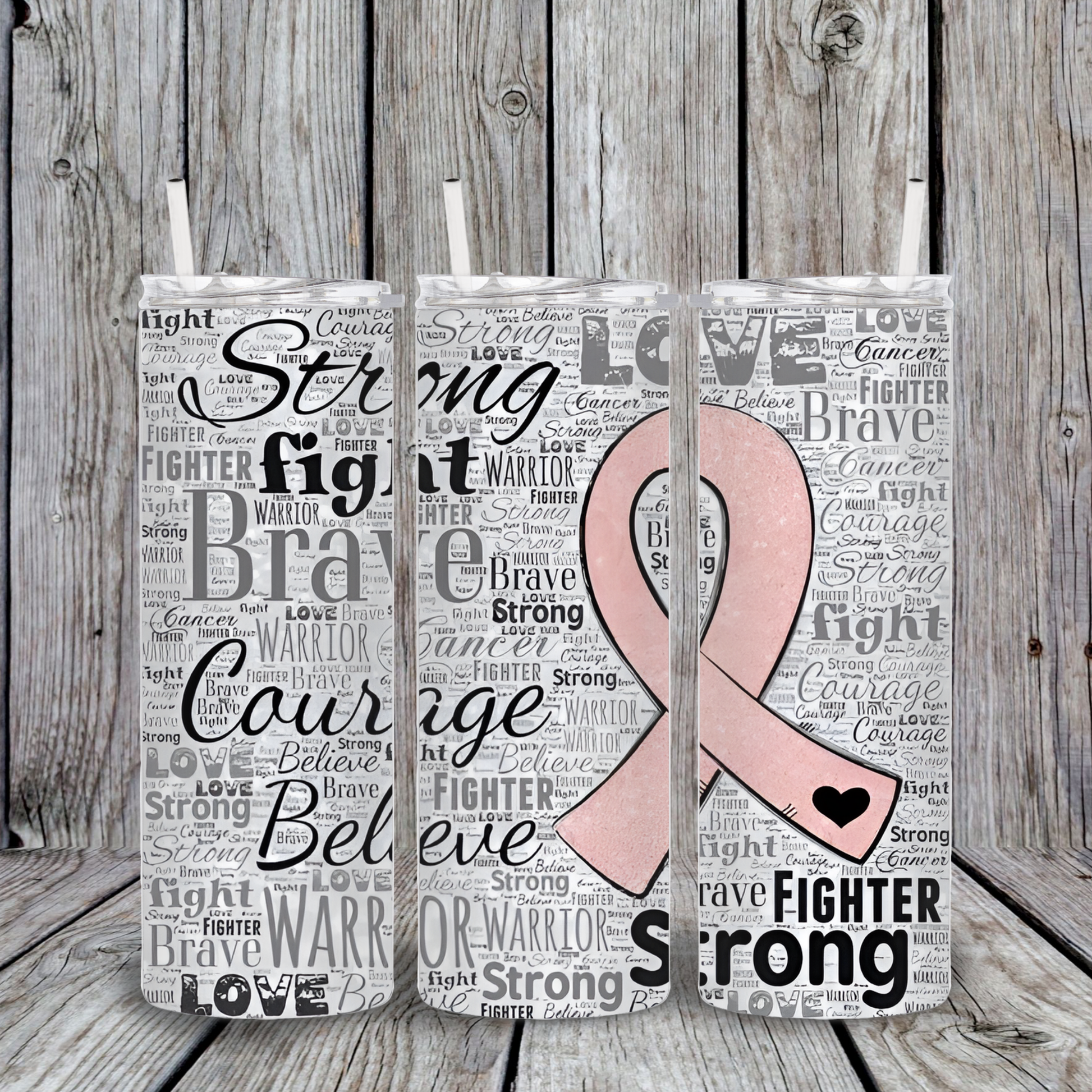 Silver glitter tumbler with black inspirational words like Strong, Brave, Courage, Fighter, and a large central pink ribbon graphic.