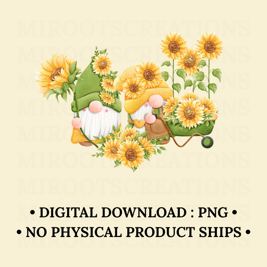 Whimsical sunflower gnomes with wagon of sunflowers – digital PNG download for sublimation, shirts, tumblers, and crafts.