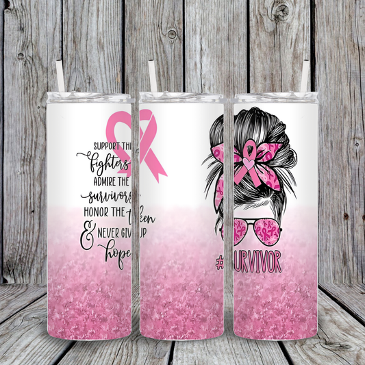 White and pink ombre glitter tumbler featuring a woman with a messy bun, pink ribbon bandana, and #Survivor glasses with pink awareness symbols.