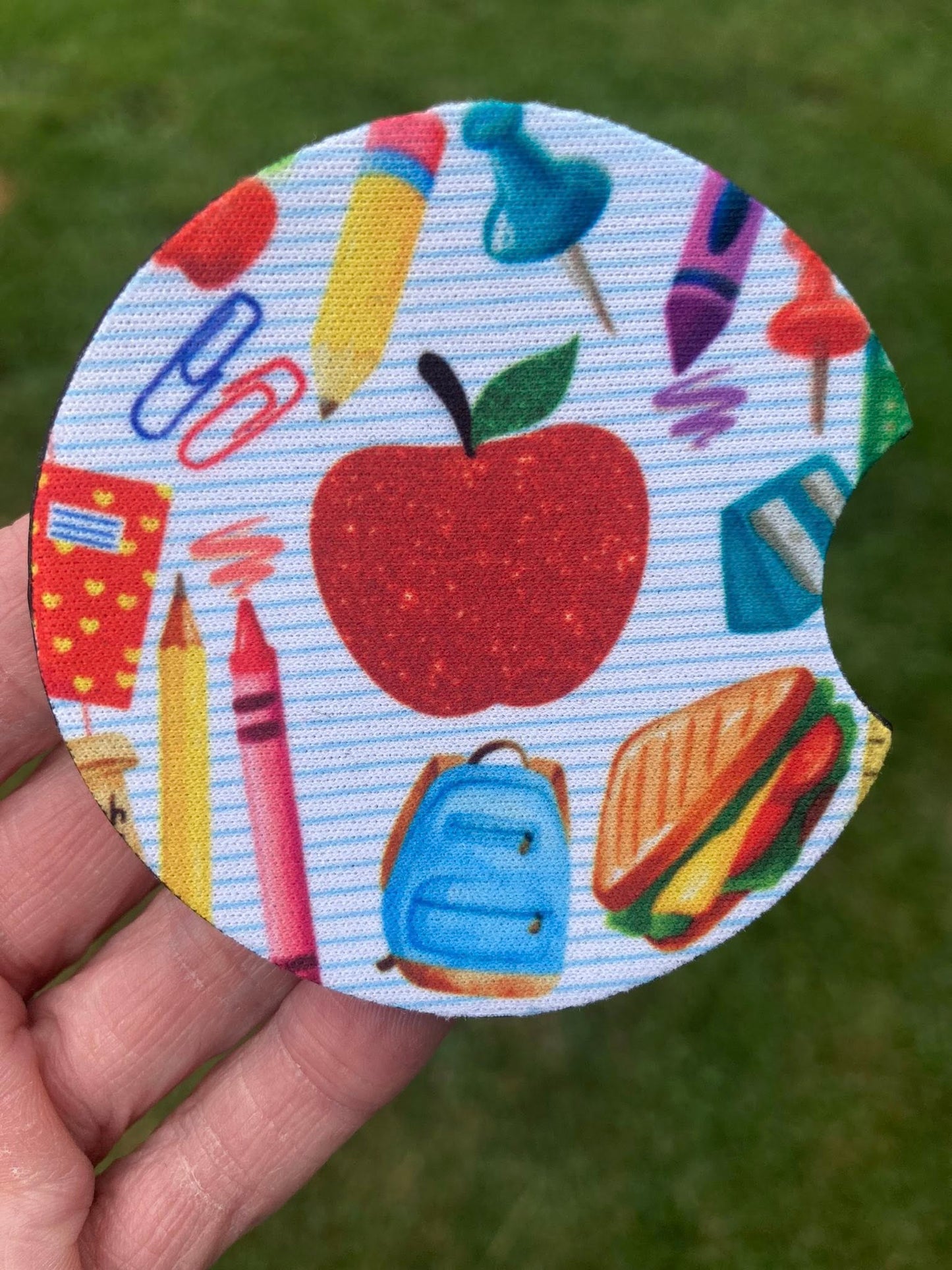 Teacher car coasters – set of 2 neoprene cup holder inserts with school-themed pencil and apple designs