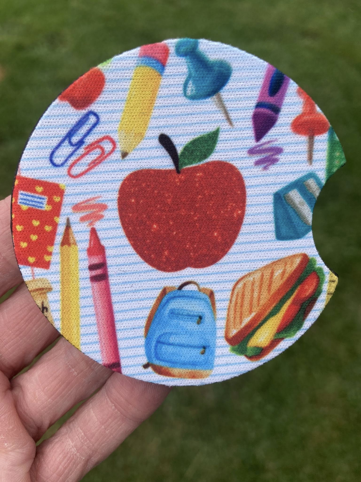 Teacher car coasters – set of 2 neoprene cup holder inserts with school-themed pencil and apple designs
