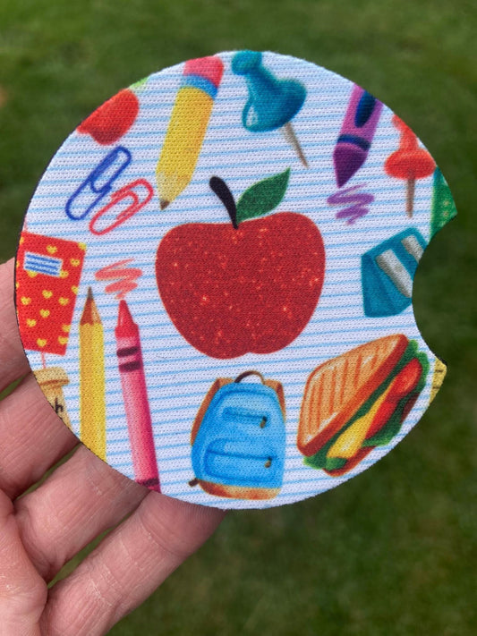 Teacher car coasters – set of 2 neoprene cup holder inserts with school-themed pencil and apple designs
