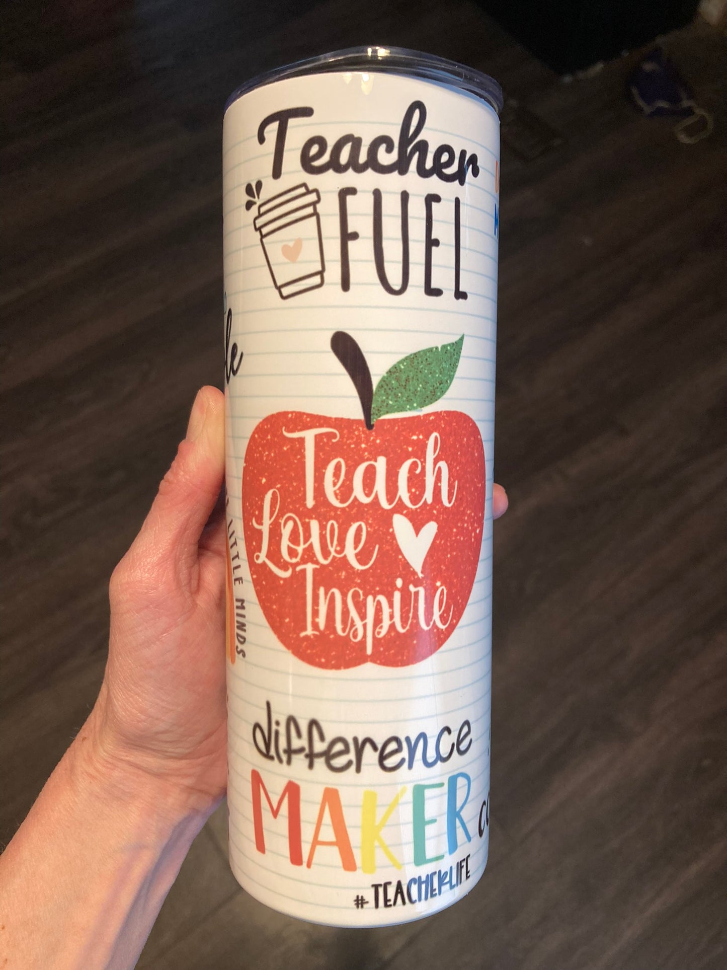 20oz teacher tumbler with “Teacher Fuel,” apple graphic, and rainbow “Maker” text.