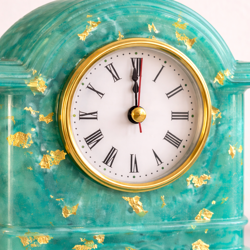 Decorative clock with turquoise marble-like casing and gold accents on a white background