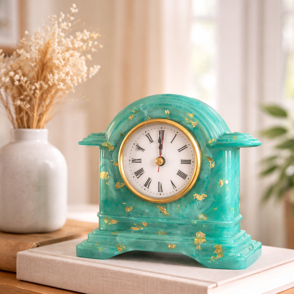 Turquoise clock with gold accents on a wooden surface