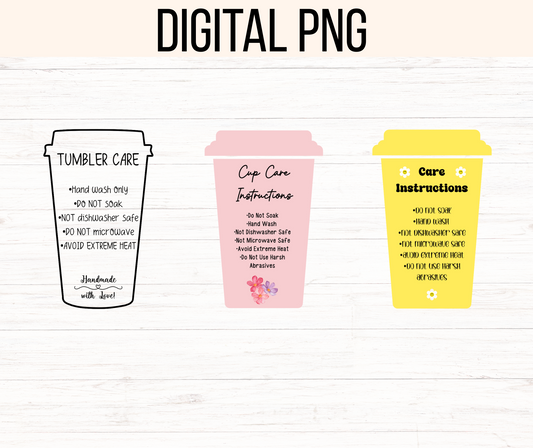 To Go Cup Care Instructions Png Bundle. Digital download, instant, ready to print. Transparent background, 300 dpi. 