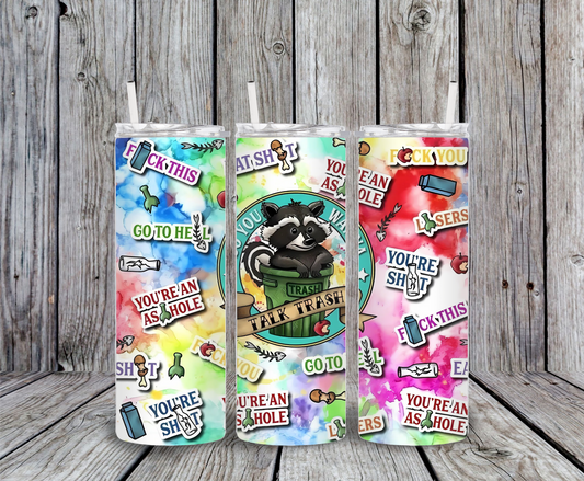 Funny raccoon trash talk tumbler – 20oz stainless steel insulated cup with colorful graffiti design, sarcastic swearing quotes, and straw + lid.