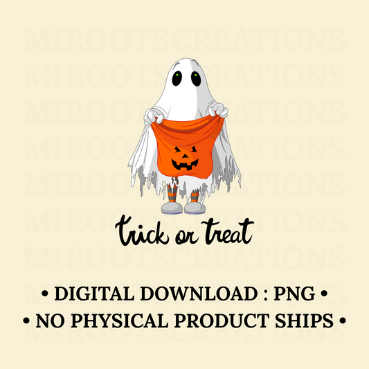 Cute ghost holding pumpkin trick-or-treat bag – Halloween PNG digital download for shirts, tumblers, and Cricut crafts.