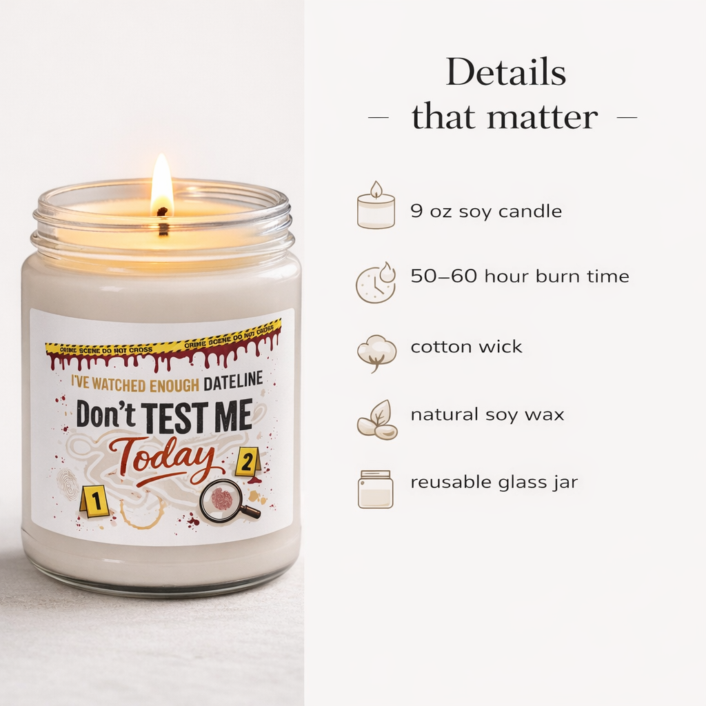 Candle in a glass jar with a label and details on a white background